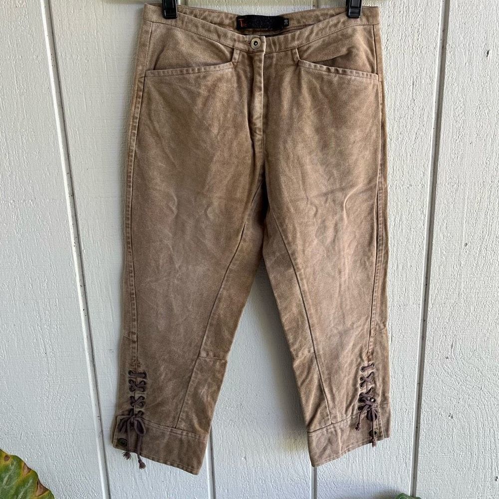 TIBI Vintage Vegan Suede Capri Pants with Lace Up Ties in Tan Size 38